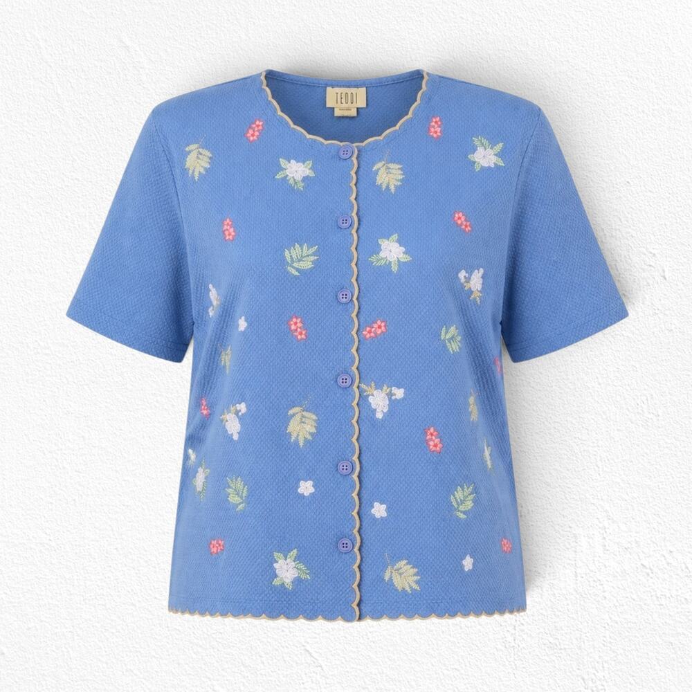 Y2K Blue Floral Embroidered Cardigan Short Sleeve Top Shoulder Pads Size Large
